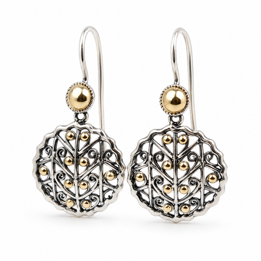 Sterling Silver 925 + 18ct Yellow Gold Earrings Flower Hook Earrings