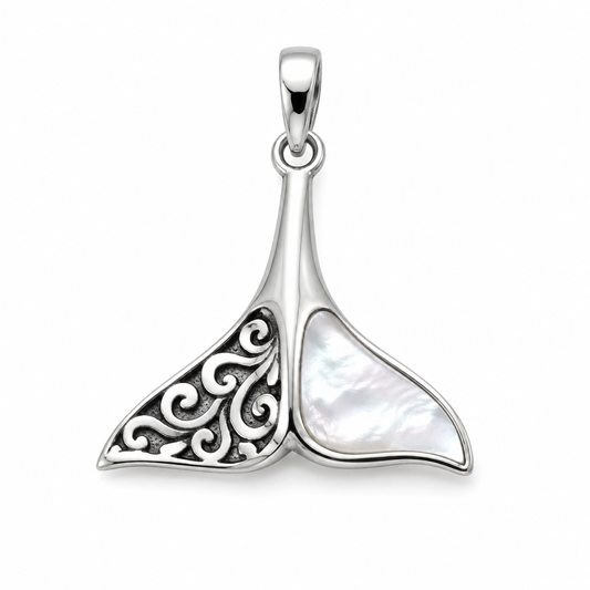 Sterling Silver 925 Large Whale Tail Mother Pearl Pendant Charm
