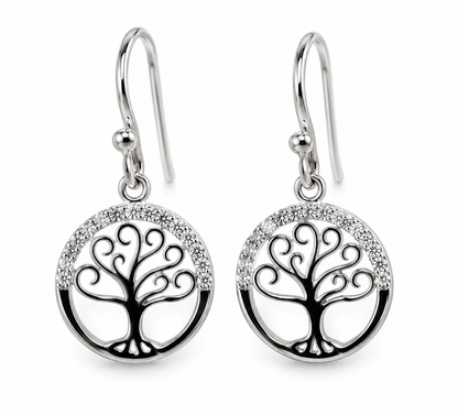 Sterling Silver 925 CZ Tree of Life Hook Drop Earrings 13mm