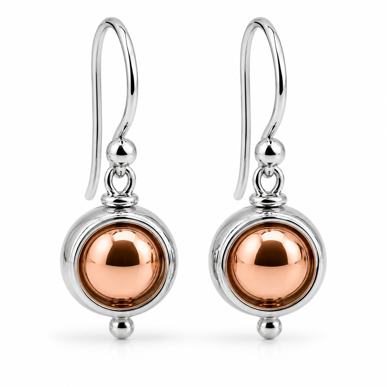 Genuine 9ct 9kt 375 White & Rose Gold Spinning Belcher Ball Drop Earrings