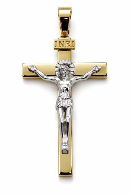 Genuine 18ct 750 Yellow & White Gold Full Solid Heavy Crucifix Cross Pendant