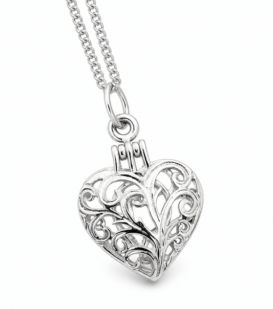 Genuine Sterling Silver 925 Heart Filigree Locket Pendant and Kerb Curb Necklace