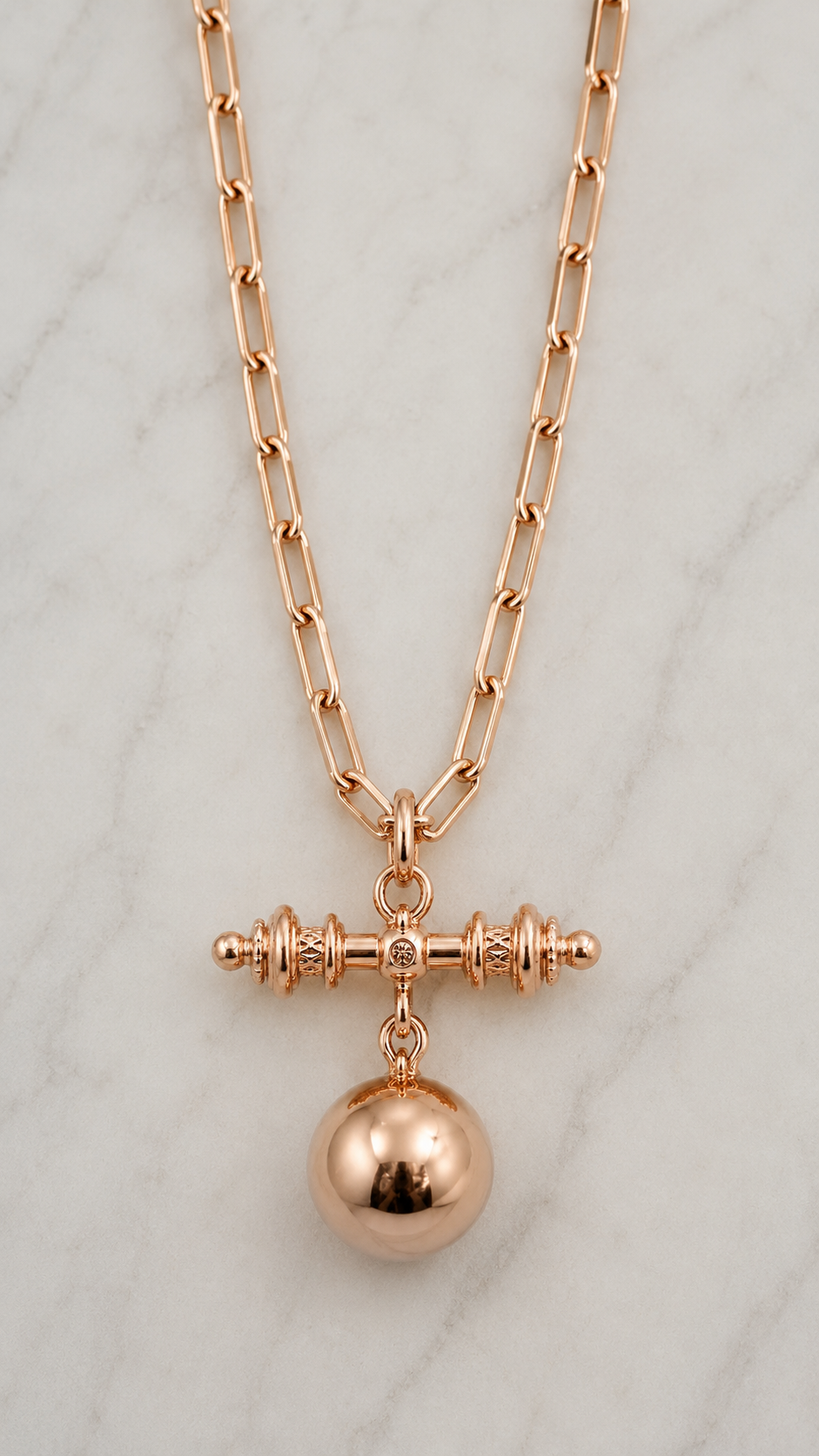 Genuine Solid 9ct 9k 375 Yellow, Rose or White Gold 16mm Ball Pendant with T-Bar + 50cm Paperclip Chain