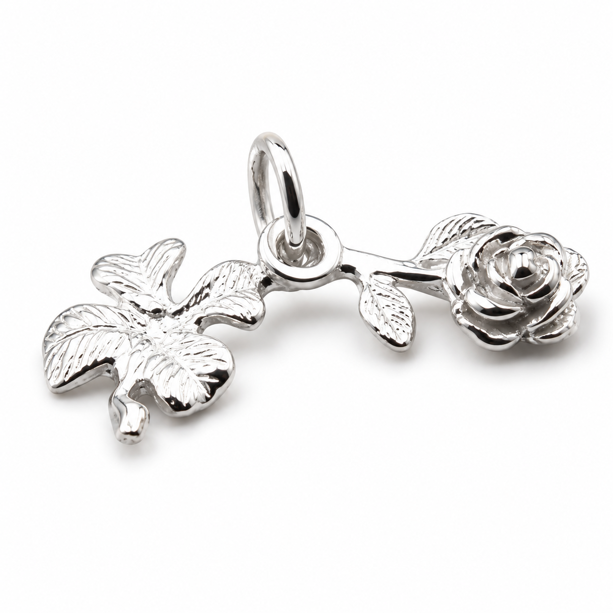 Sterling Silver 925 Lucky Four Leaf Clover & Rose Pendant / Charm