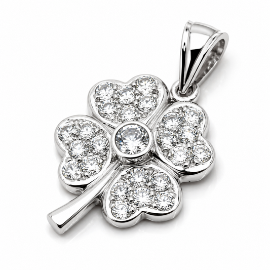 Genuine 9ct 9kt White Gold Cubic Zircon Four Leaf Clover Pendant