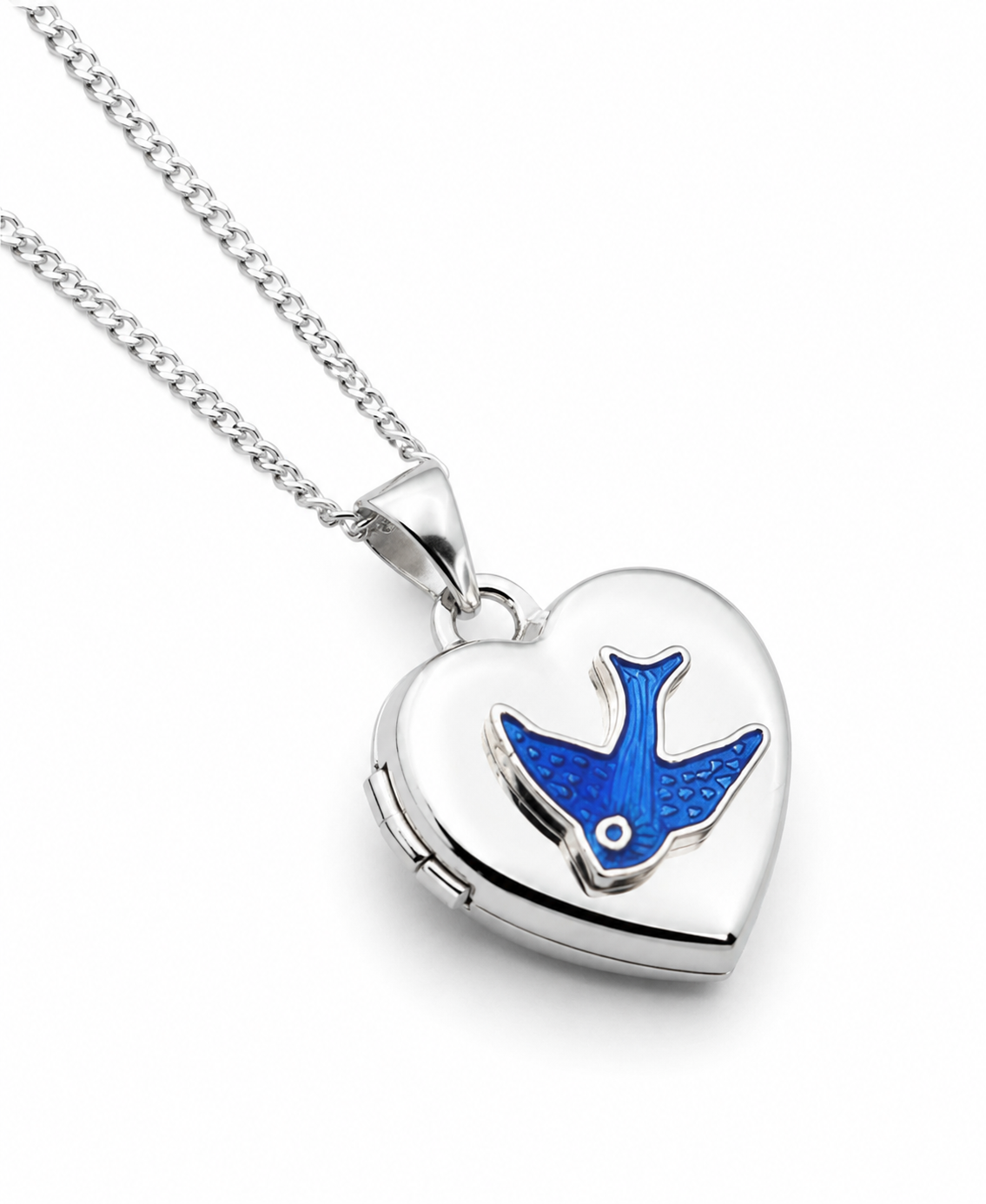 Sterling Silver 925 Heart Enamel Blue Bird Locket Pendant +  Necklace Chain