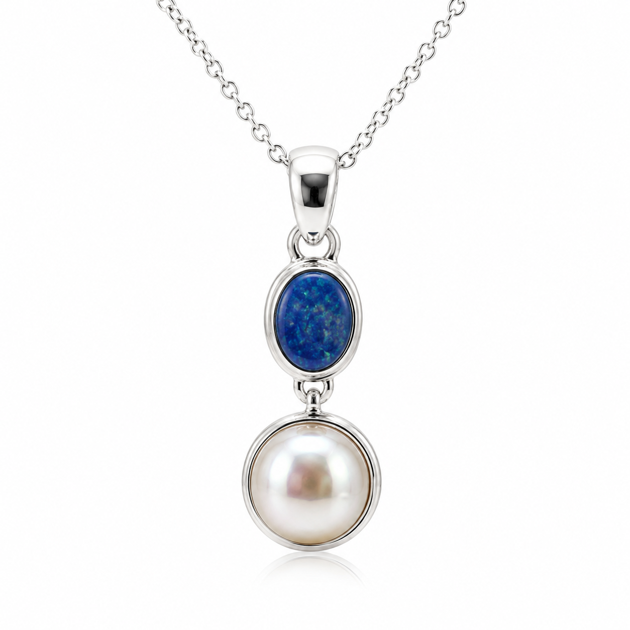 Genuine Sterling Silver 925 Freshwater Pearl & Opal Pendant Belcher +  Chain