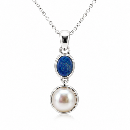 Genuine Sterling Silver 925 Freshwater Pearl & Opal Pendant Belcher +  Chain