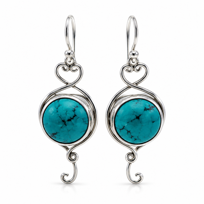 Genuine Sterling Silver 925 Turquoise Half Ball Heart Hook Earrings