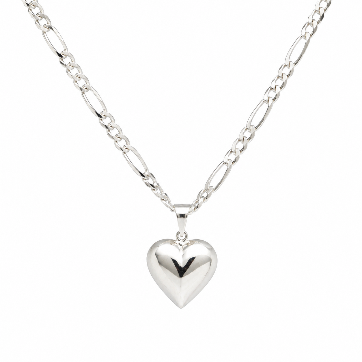 Sterling Silver 925 60cm Figaro Link Chain Necklace + 18mm Bubble Heart Pendant
