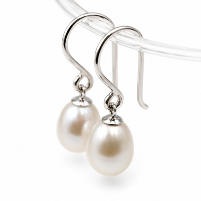 Sterling Silver 925 8.5mm Oval Freshwater Cultured Pearl Earrings