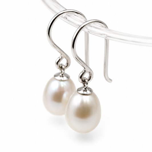Sterling Silver 925 8.5mm Oval Freshwater Cultured Pearl Earrings