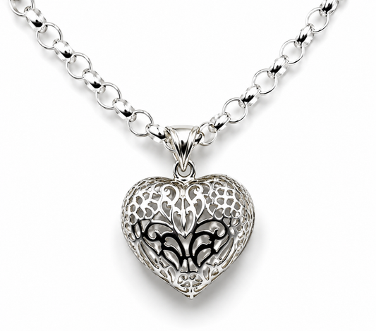 Sterling Silver 60cm Belcher Necklace & Filigree Bubble Heart Pendant