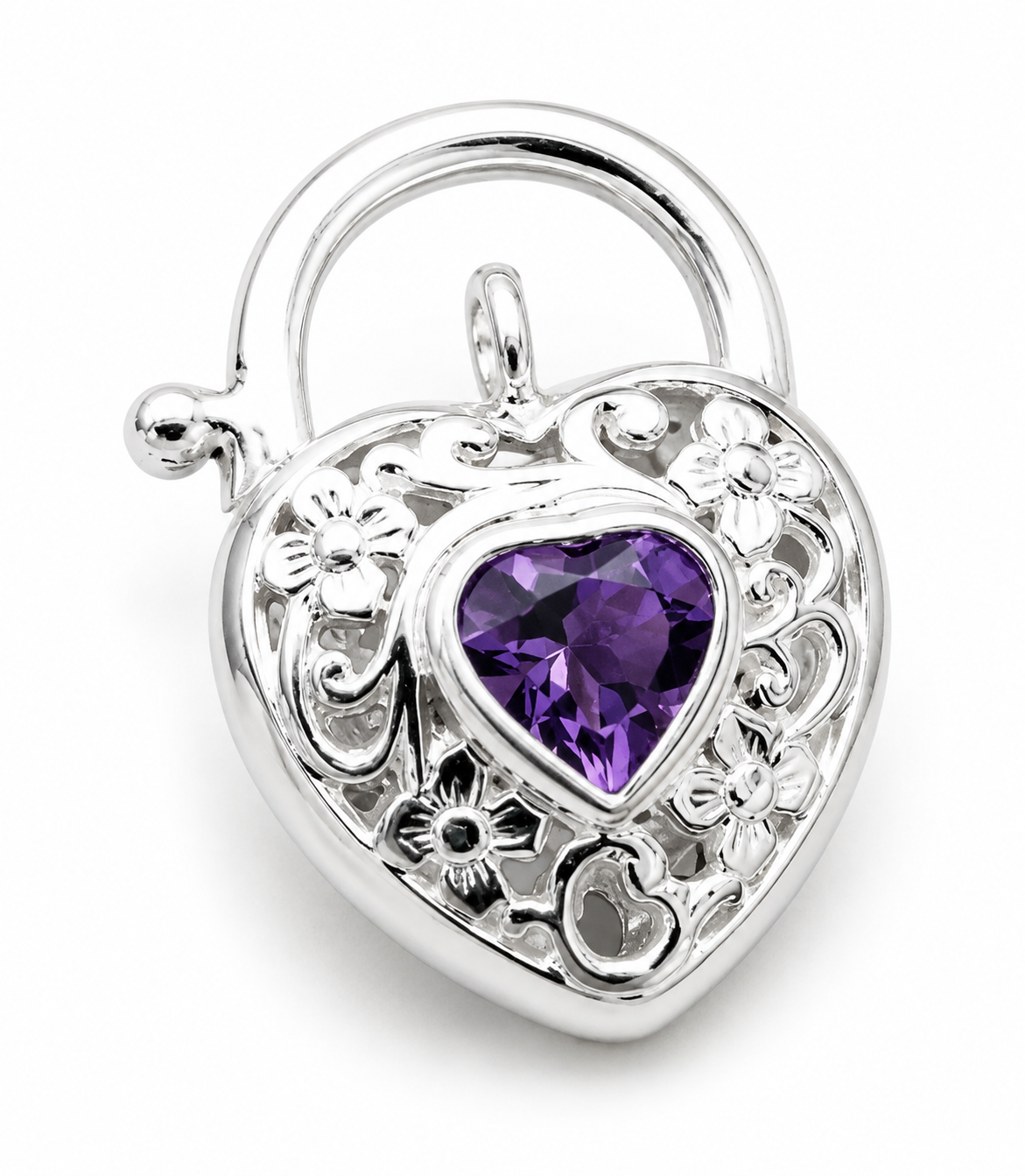 Sterling Silver 925 Filigree Natural Amethyst Filigree Heart Padlock 15mm