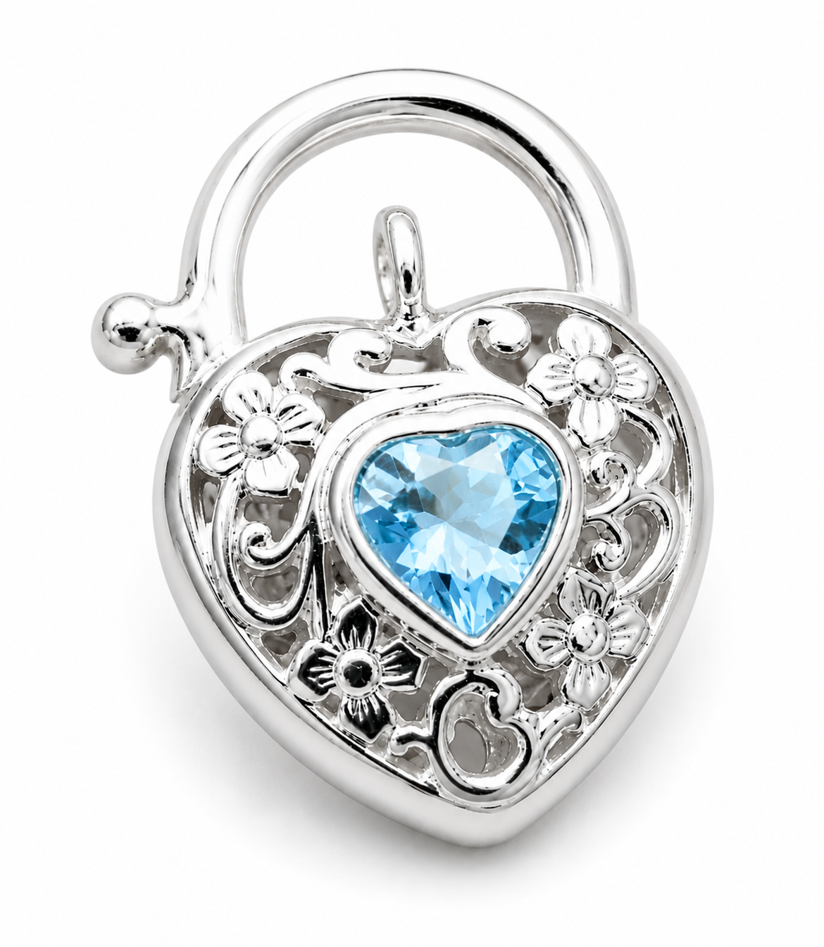 Sterling Silver 925 Filigree Natural Blue Topaz Filigree Heart Padlock 15mm
