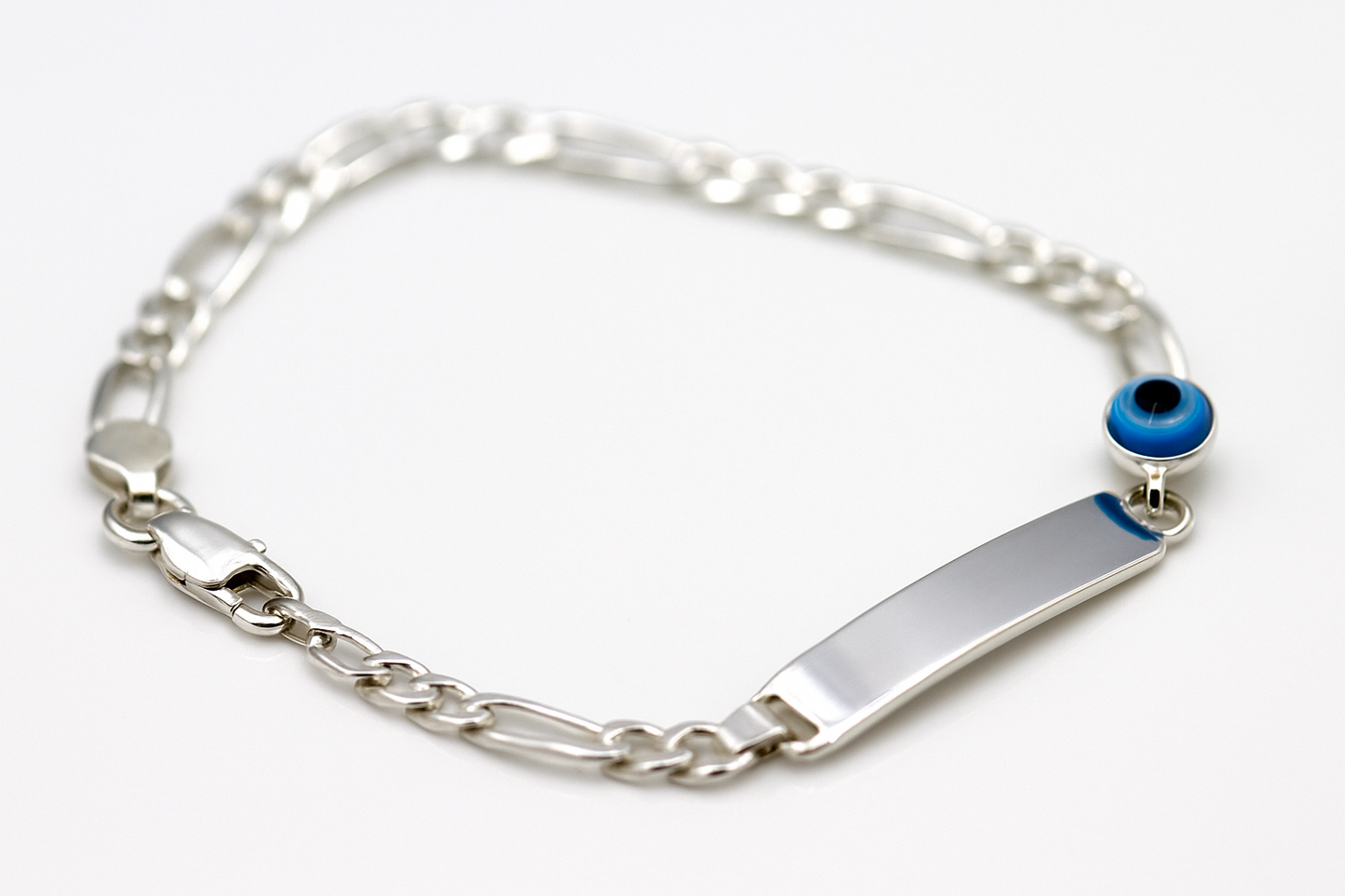 Genuine 925 Sterling Silver Mati Eye ID Engraveable Figaro Bracelet 17cm