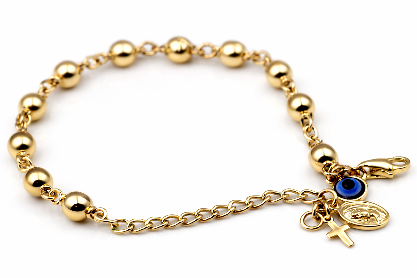 Genuine 9ct Yellow, Rose or White Gold 6mm Ball Rosary Bead bracelet 21cm long + Cross + Evil Eye Charm