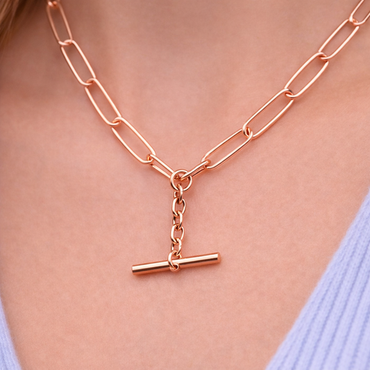 Genuine New Handmade PaperClip 9ct Yellow, Rose or White Gold Paper Clip Chain Necklace with T-Bar