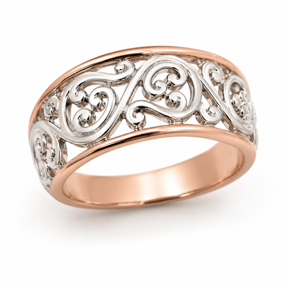 Genuine Sterling Silver & 9ct Rose Gold Rims Filigree Swirl Ring- Choose your ring size H to P