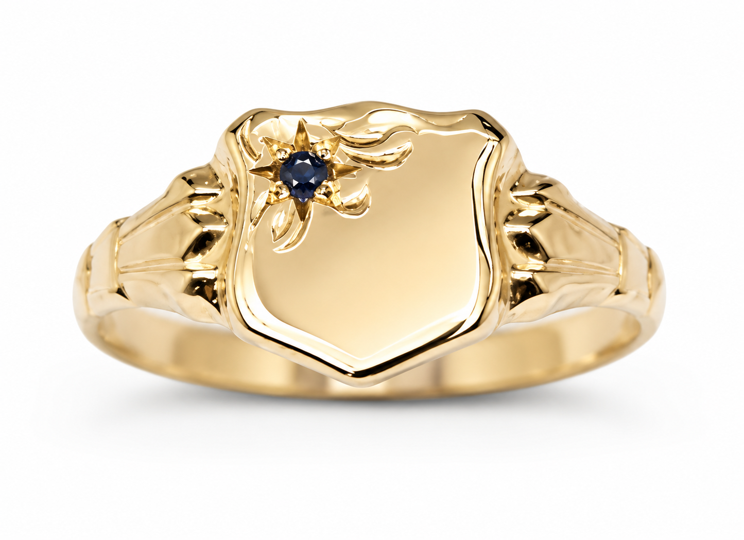 Genuine 9ct 9k 375 Small Yellow Gold Blue Sapphire Shield Signet Ring - Choose your ring size