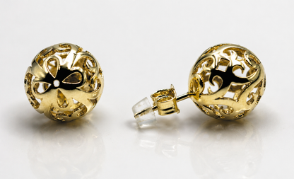 Genuine 9ct 9K 375 Solid Yellow, Rose or White Gold 10mm, 12mm or 14mm Filigree Stud Ball Earrings