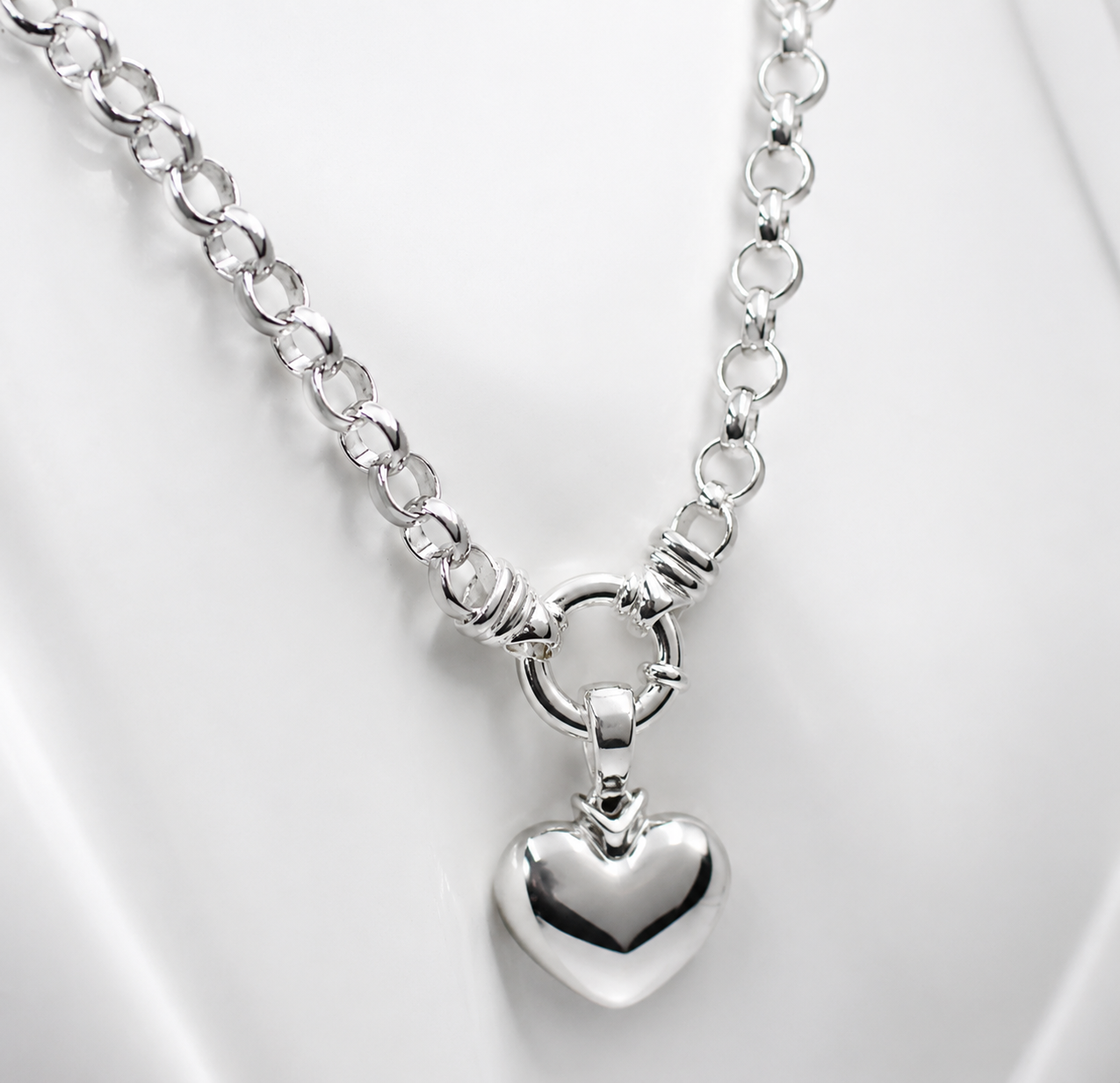 Sterling Silver 50cm Heavy Belcher Chain Necklace Bolt Ring + Heart Enhancer Pendant