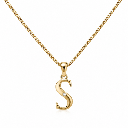 9ct Yellow Gold Diamond Set Block Initial Small Pendant Charm A to Z + Sterling Silver Chain (Gold plated)