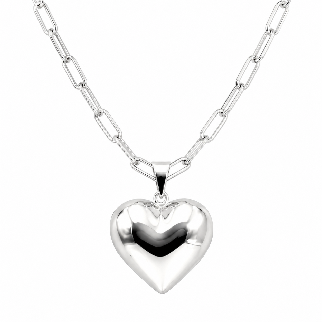 Sterling Silver 925 Paperclip Chain Necklace + Puffy Heart Pendant