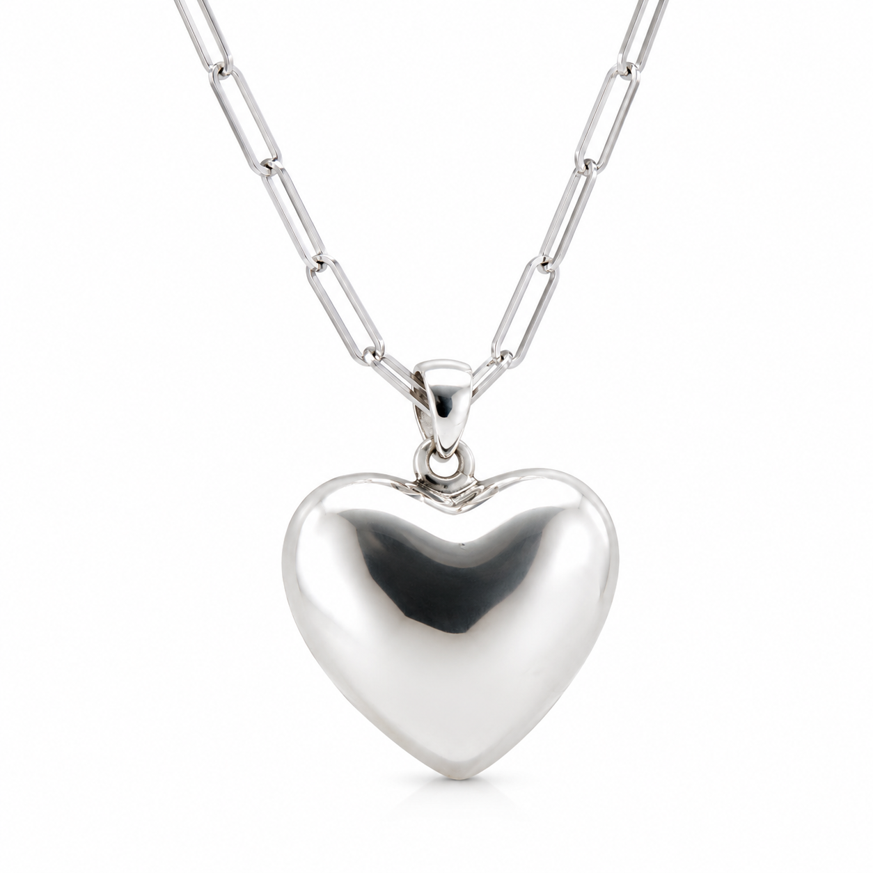 Sterling Silver 925 Paperclip Necklace + Medium Puffy Heart Pendant