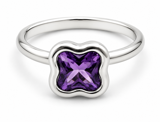 Size P Genuine Sterling Silver Purple Amethyst Clover Ring