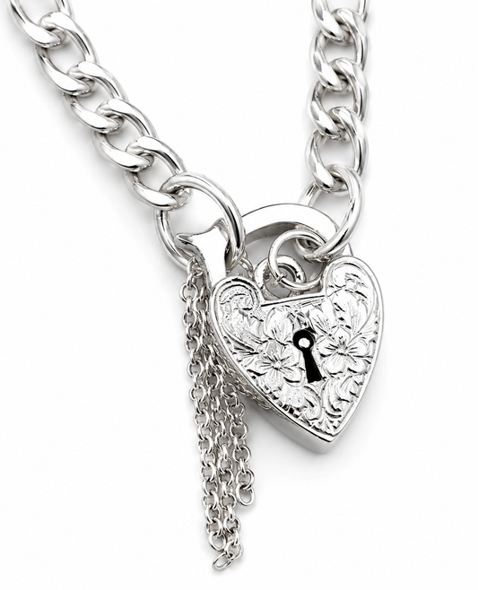 Genuine 925 Sterling Silver Curb Link Heart Padlock 20cm Bracelet