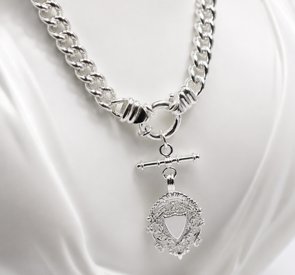 Genuine Sterling Silver 925 Heavy Curb Chain Necklace with T-Bar