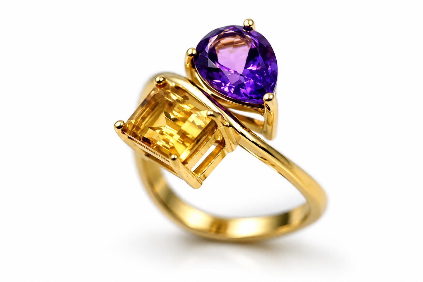 Genuine 18ct 18k 750 Yellow Gold Emerald Cut Citrine + Pear Amethyst Two Stone Ring