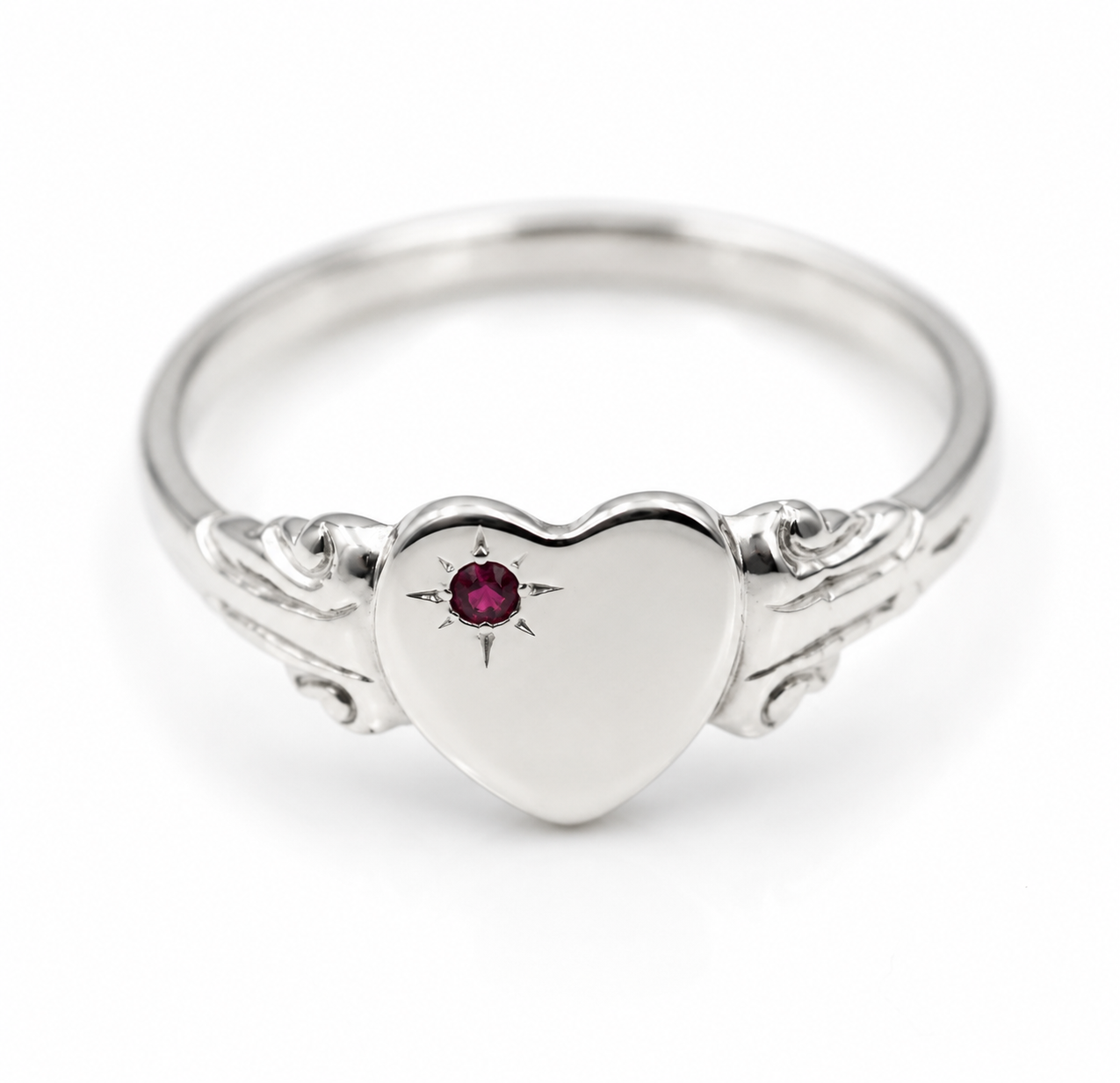 Kaedesigns Sterling Silver 925 Heart Pink Sapphire Set Signet Ring - Choose your size