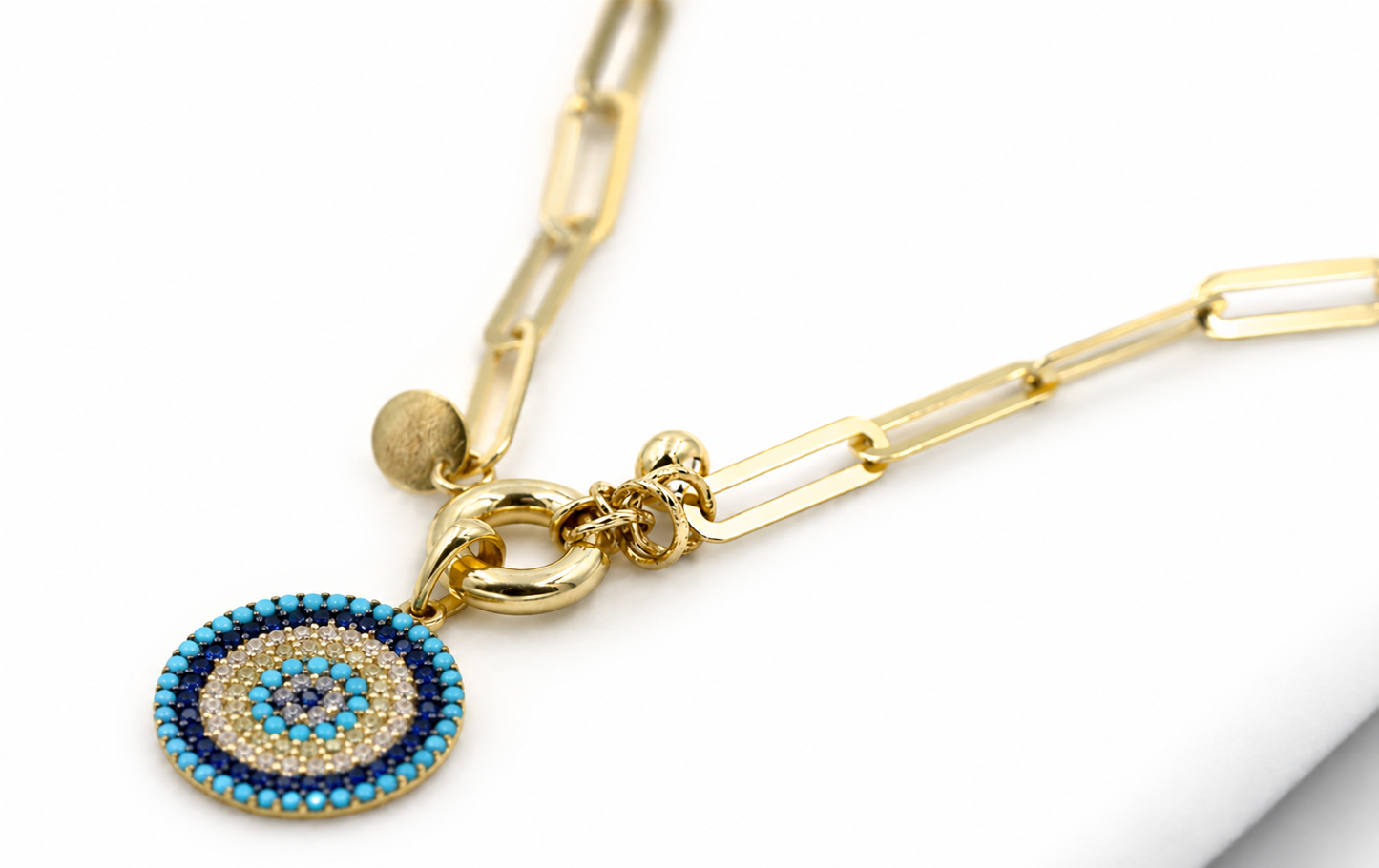Genuine 65cm 14ct Yellow Gold Paper Clip Chain Necklace Bolt Ring Beaded charms Evil Eye Pendant