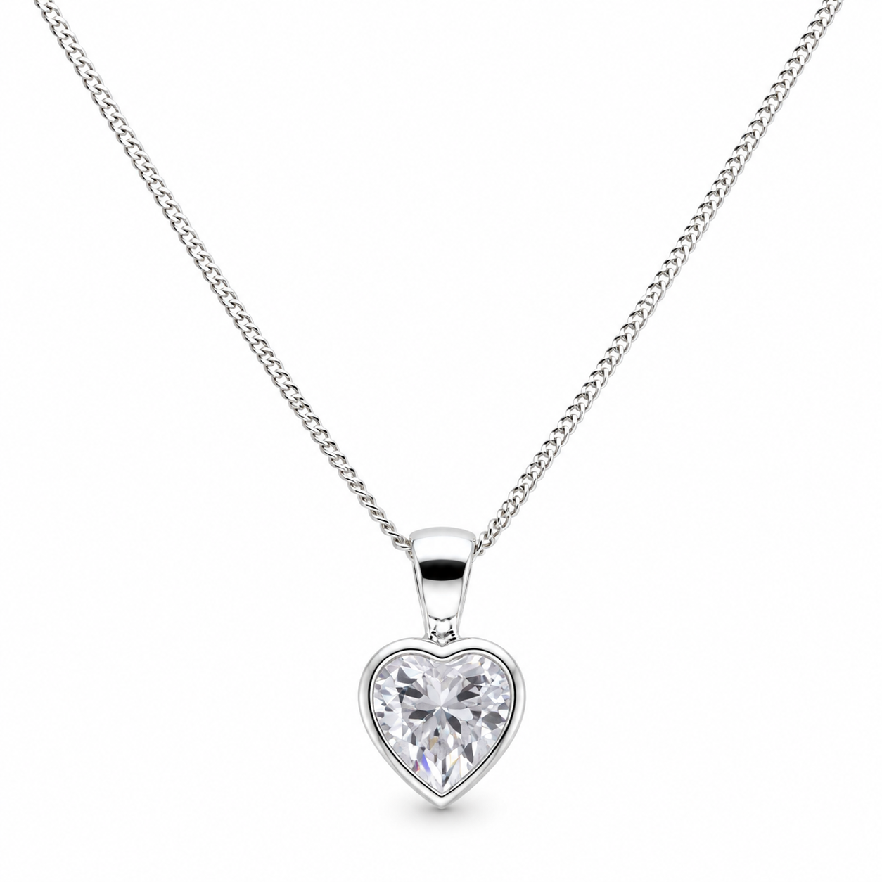 Sterling Silver 925 Small Bezel Set CZ Heart Pendant Charm Necklace