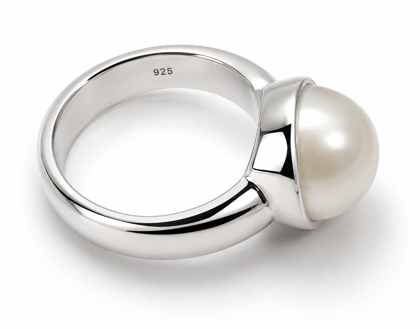 Size S Solid Sterling Silver 925  & Freshwater Pearl Half Ball Ring
