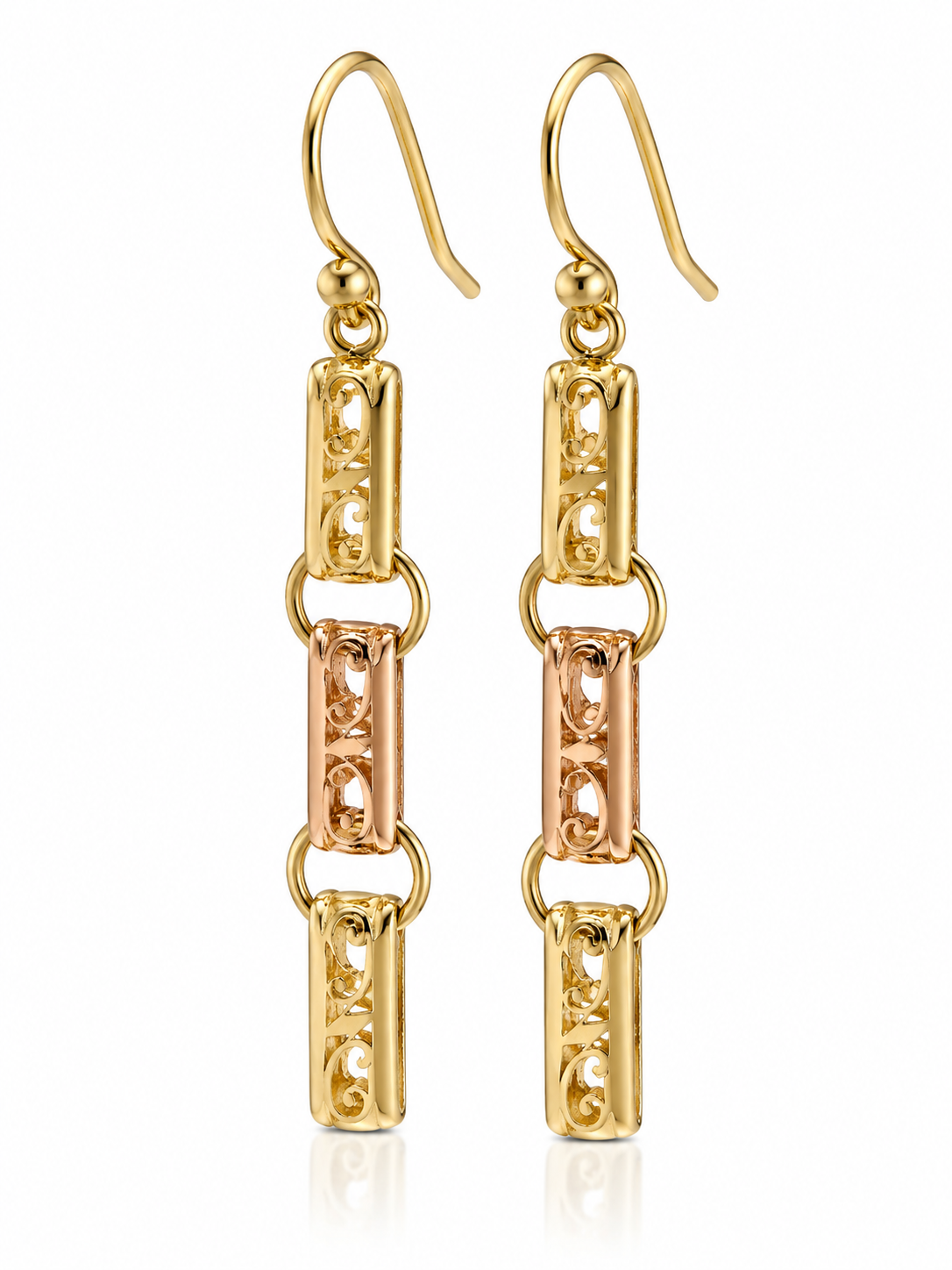 Two Tone 9ct Rose & Yellow Gold Long Engraved Belcher Rings Links Earrings Hooks