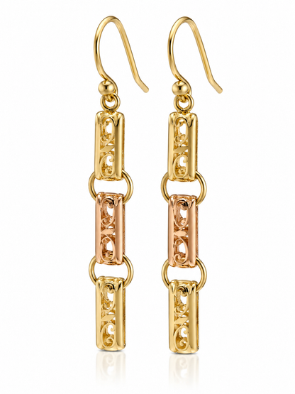 Two Tone 9ct Rose & Yellow Gold Long Engraved Belcher Rings Links Earrings Hooks