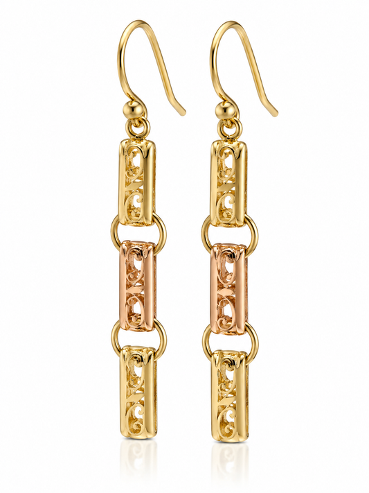 Two Tone 9ct Rose & Yellow Gold Long Engraved Belcher Rings Links Earrings Hooks