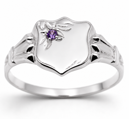 Genuine 9ct 9k 375 Small Yellow, Rose or White Gold Amethyst Shield Signet Ring - Choose your size H to P