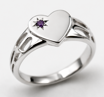 Genuine 9ct 9k 375 Yellow, Rose or White Gold Amethyst (Birthstone Of February) Etched Heart Signet Ring