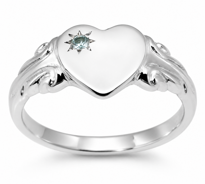 Genuine 9ct 9k 375 Yellow, Rose or White Gold Heart Blue Topaz November Birthstone Signet Ring- Choose your ring size H to P