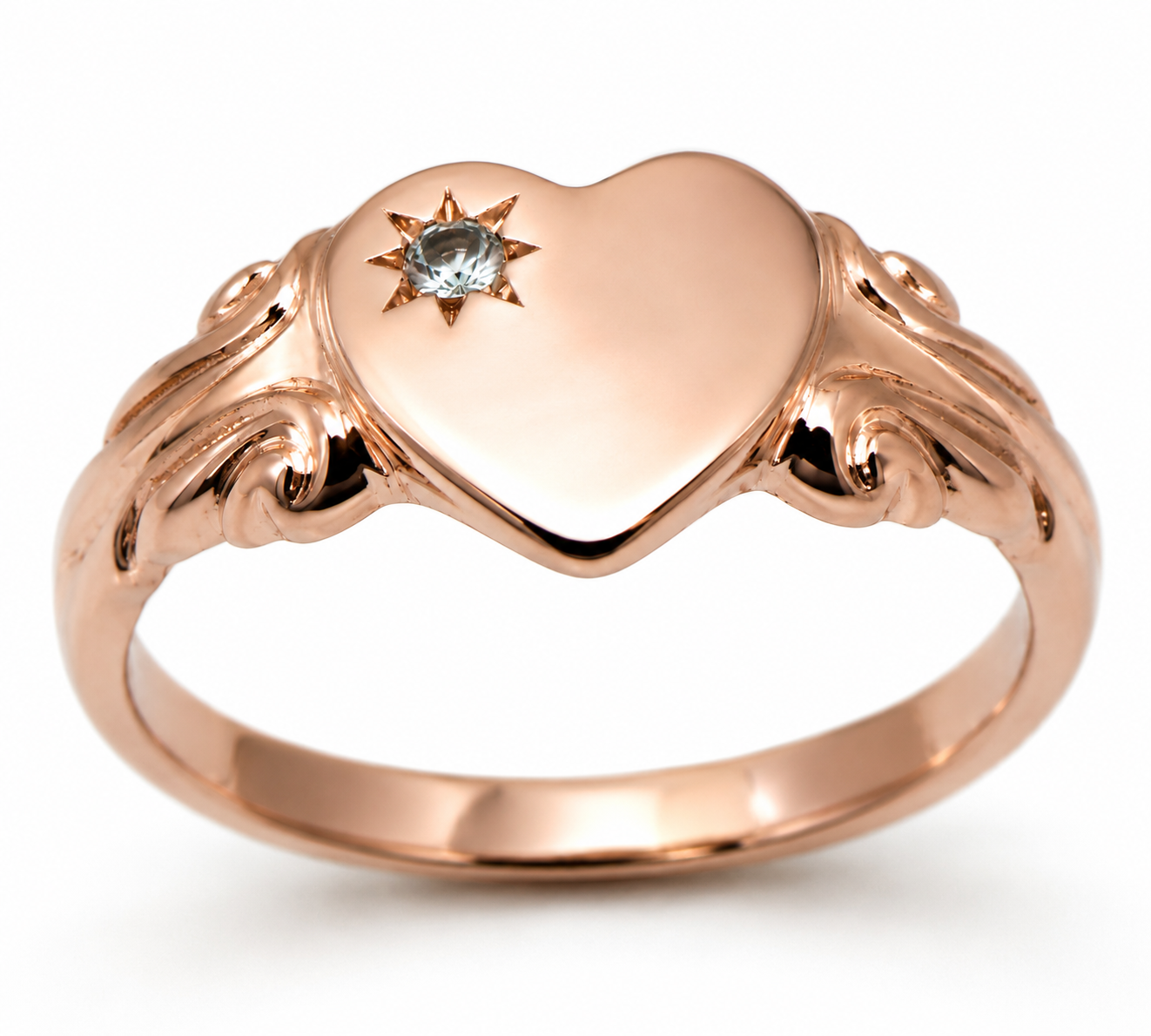 Genuine 9ct 9k 375 Yellow, Rose or White Gold Heart Blue Topaz November Birthstone Signet Ring- Choose your ring size H to P