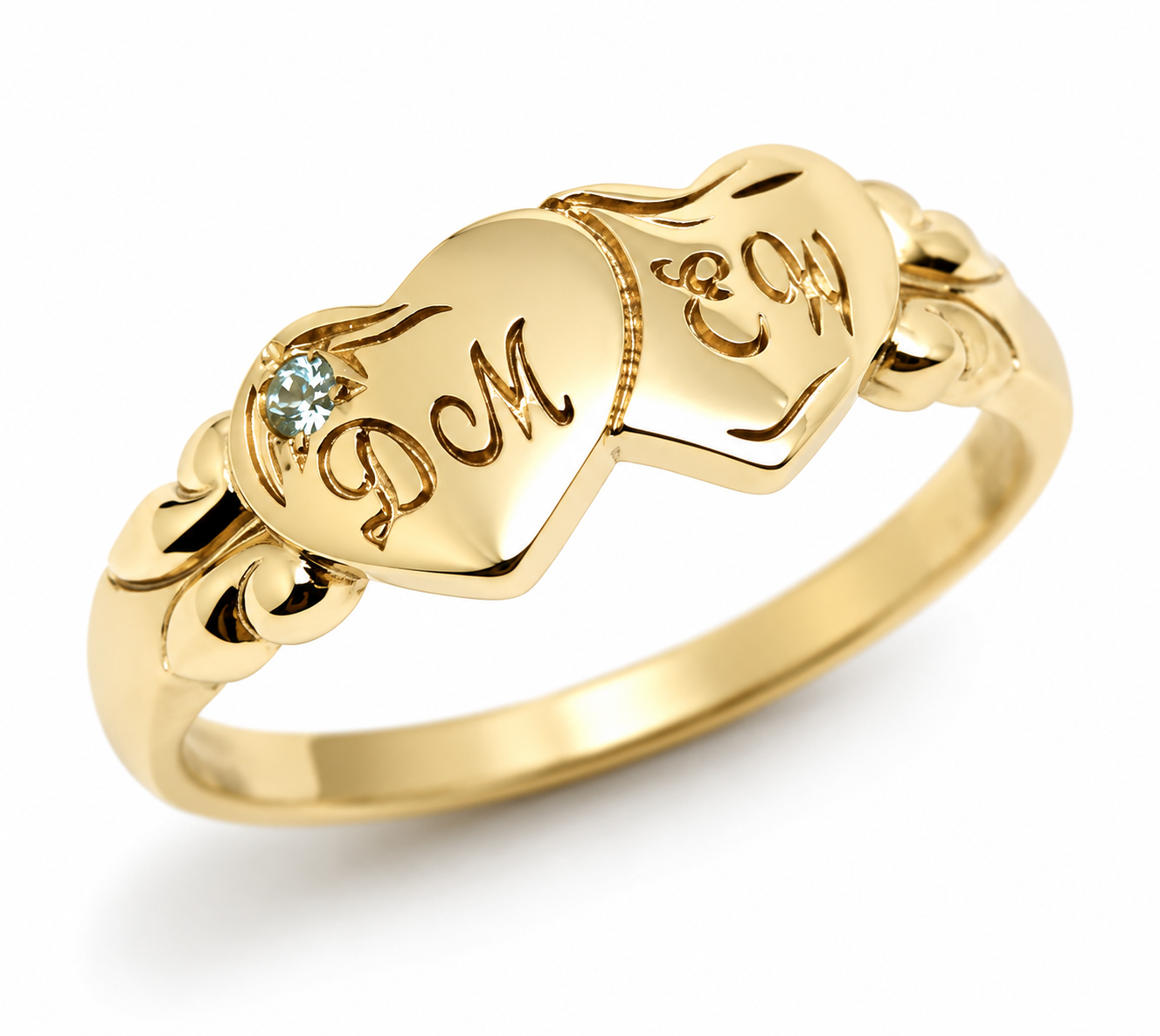 Genuine 9ct 9k 375 Yellow, Rose or White Gold Double Heart Blue Topaz Birthstone Signet Ring + Engraving - Choose your ring size H to P,