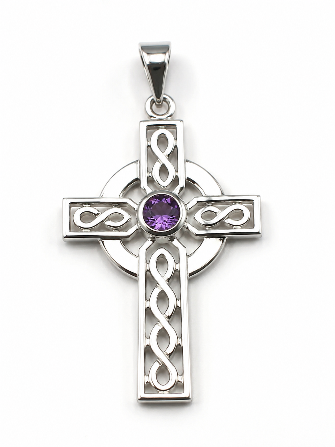 Sterling Silver 925 Large Amethyst Celtic Cross Pendant