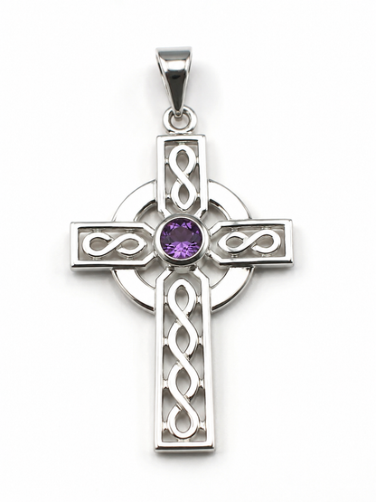 Sterling Silver 925 Large Amethyst Celtic Cross Pendant