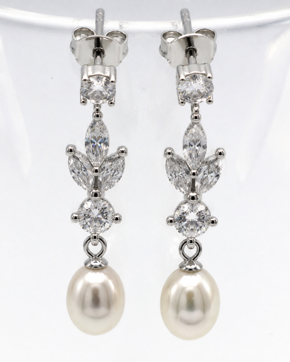 Sterling Silver CZ-Set Shell Pearl Drop Post Chandelier Earrings