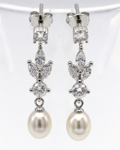 Sterling Silver CZ-Set Shell Pearl Drop Post Chandelier Earrings