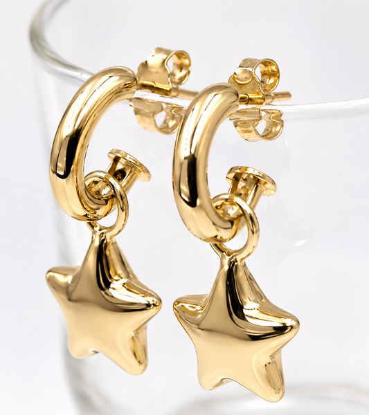 Genuine 9ct 9kt 375 Large Yellow, Rose or White Gold Dangle Bubble Puffed Star Stud Earrings